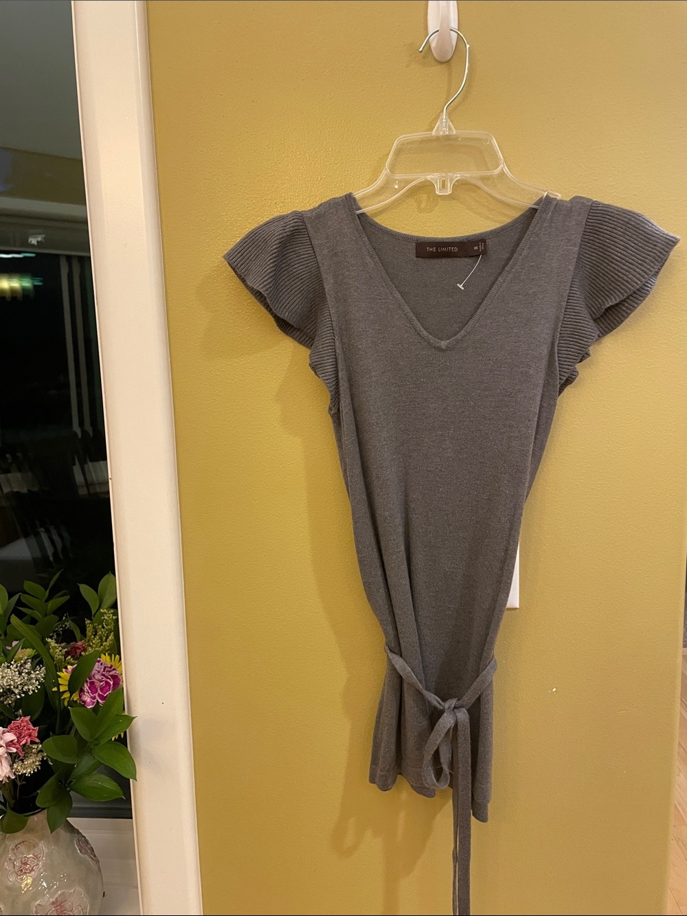 NWOT The Limited Gray V-Neck Tie-Waist Flutter Sleeve Knit Top